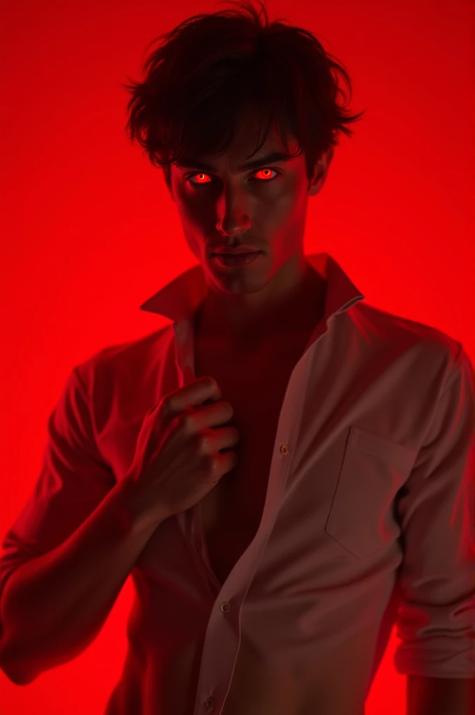 young European man, with short black hair , red eyes , smirking, dressed in a unbuttoned shirt, normal slim body figure ,slowly ?????????? , red , lighting , red eyes, red highlights on body , 8k