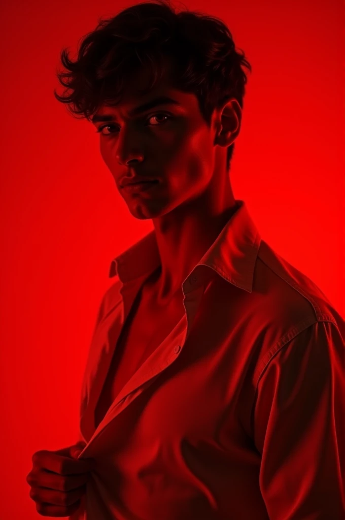 young European man, with short black hair , red eyes , smirking, dressed in a unbuttoned shirt, normal slim body figure ,slowly undressing , red , lighting , red eyes, red highlights on body , 8k