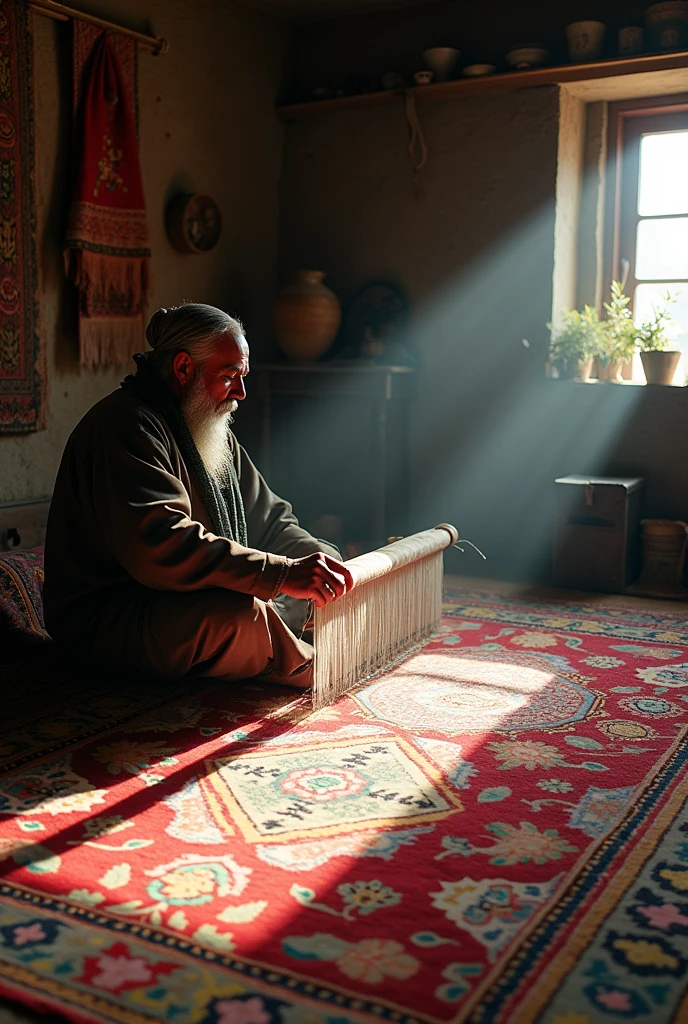 Afghan person weaving a large wool rug with a lonely vibe and camera view from far