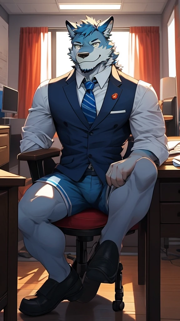 A Picture of A Muscular Furry Gray Wolf . He is wearing A Dark Blue Suit Jackets A Light Blue Shirt A blue Tie and A light blue shorts. He is In His Dorm Room And Sitting On A Office Chair. The Chair Is Beside His Work Table. The Time is At Night. His Right Hand is Holding A Can Of Beer on The Table And His Left hand is Holding A Hand Flag That Have A Blue In the middle The Red On Top And Bottom And White Above And Below Blue So The Flag Look Like Thai national Flag. he is looking at you with a smile on his face. his tail is very long