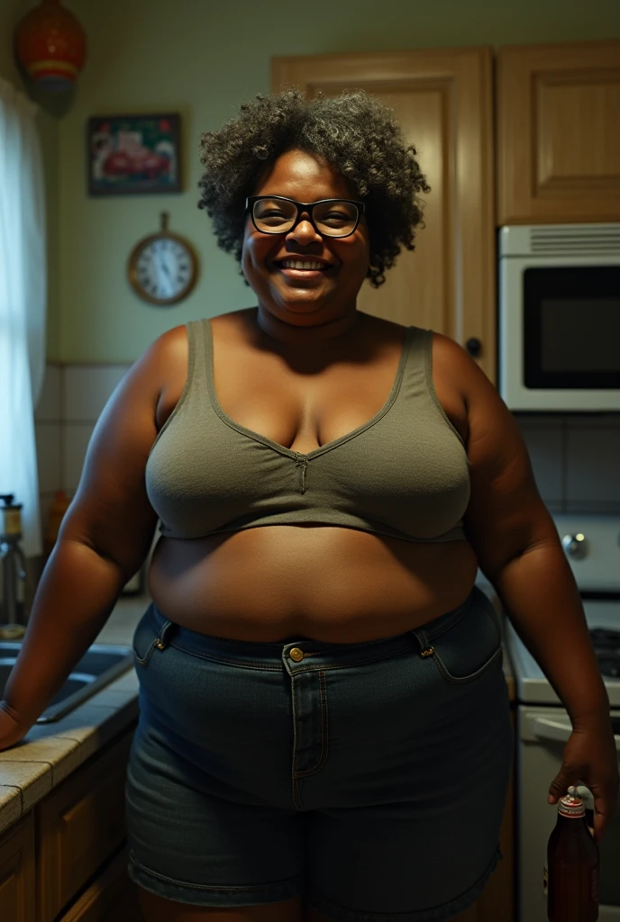 Generate a full-body frontal image of a 50-year-old Afro-Brazilian black woman,  completely naked,  wearing large prescription glasses, with short wavy black hair with gray tones and disheveled, the face with expression lines due to age, small mouth, full lips with signs of age, protruding nose, obese body with average height showing his age, large, voluminous, saggy breasts, wide hip, legs thick, thick-thighs, voluminous shaved vagina, and she is standing smiling and with an imposing look drinking a beer and leaning on the sink counter of a humble and precarious kitchen at night.