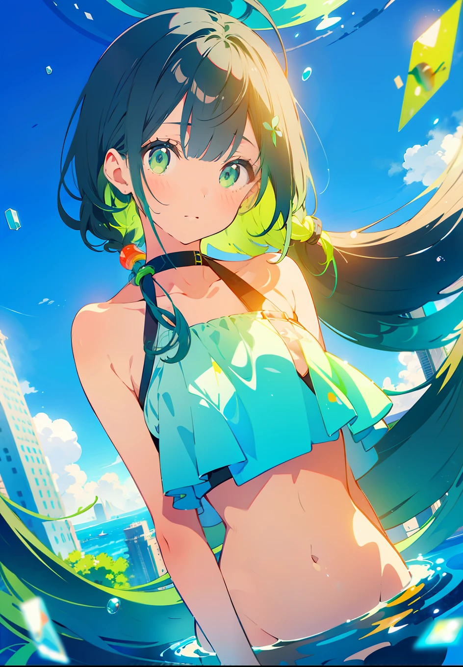 One person, air_bubble, bangs, black_hair, green_eye, green_hair, bubble, fish, Looking_in_Audience, Multicolor_hair, Ocean, Partially_underwiner_shot, length_hair, 一人in, Submerged, underwiner, winer, winer_Drop