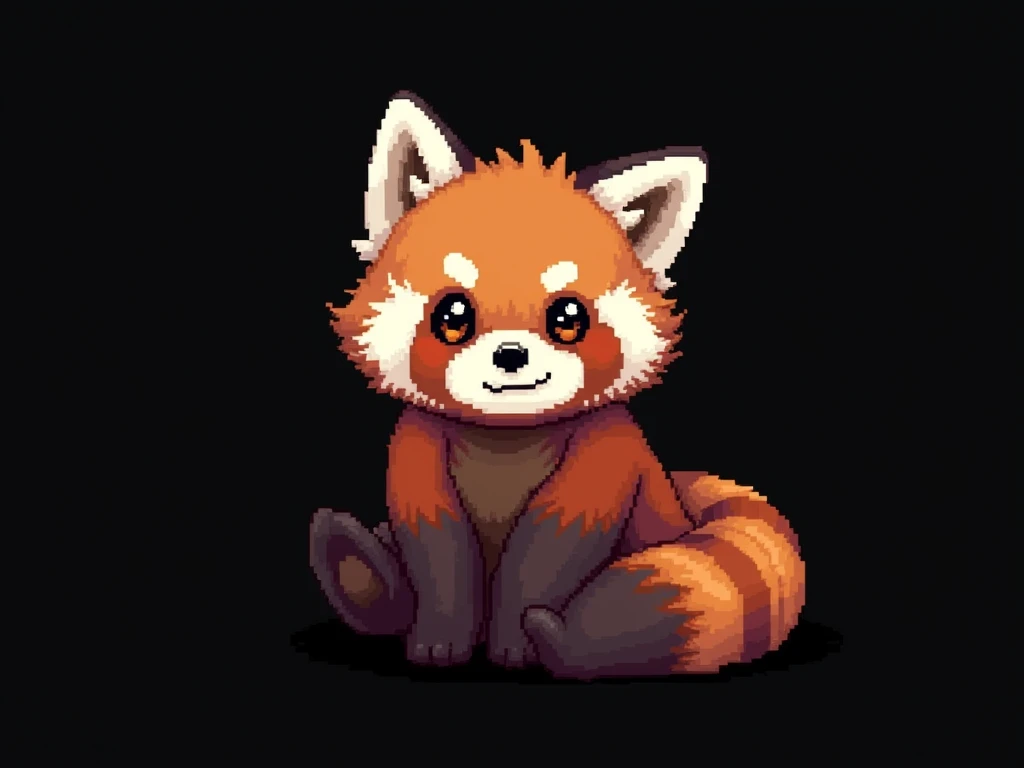 Pixel art, 16-bit style, 256x256, limited color palette, cute, small, red panda, far away, sitting pose, looking directly at the viewer, playful expression, fluffy tail curled around its body, big ears, dark brown eyes, black nose, solid black background. (Generate a 16-bit style pixel art image of a cute, small red panda sitting in a playful pose. The red panda should be far away, giving the impression of being in the distance. It should be looking directly at the viewer with a playful expression. Its fluffy tail should be curled around its body. The red panda should have big ears, dark brown eyes, and a black nose. The image should be 256x256 pixels and use a limited color palette. The background should be completely solid black.)