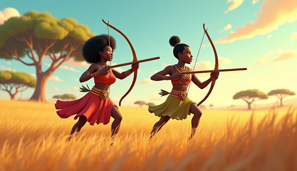 Génère moi une image de deux personnages africain de dessin animé 3d qui chassent avec des lances dans une savane.