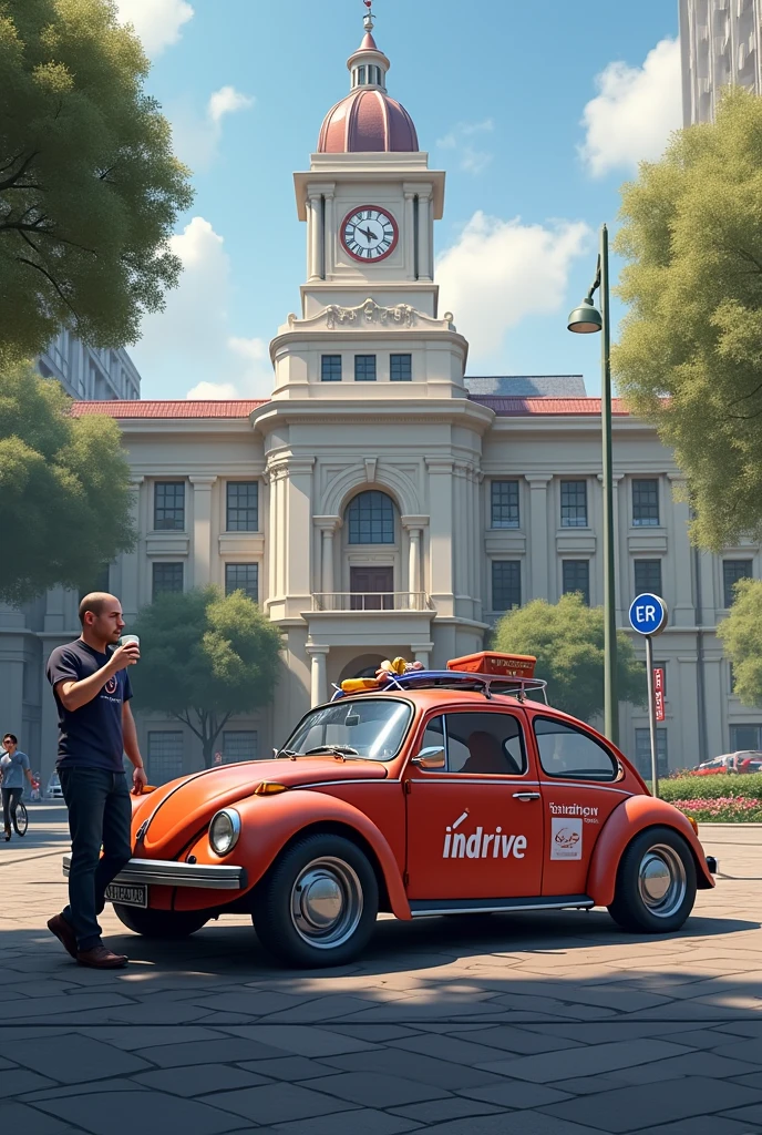 Hyperrealism image 9:16 In the background there is a building with a very large clock that shows 10 o'clock in the morning., In front of the building a car parked on the sidewalk, The view of the car is from the left side, The car has advertising from the front to the back door with the word indrive, on the front outside of the car, Right in the fender area the driver is leaning on his back drinking a coffee