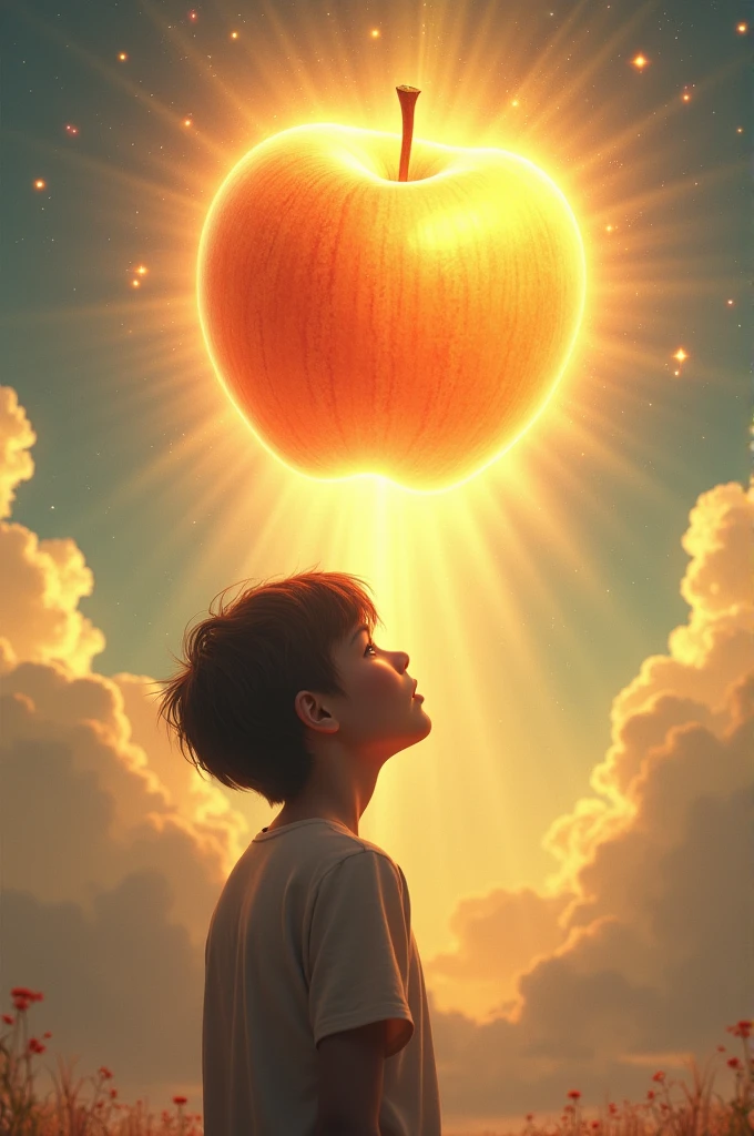 Create a young adult looking at an apple in the sky, this apple is full of glory, a Goddess apple.
