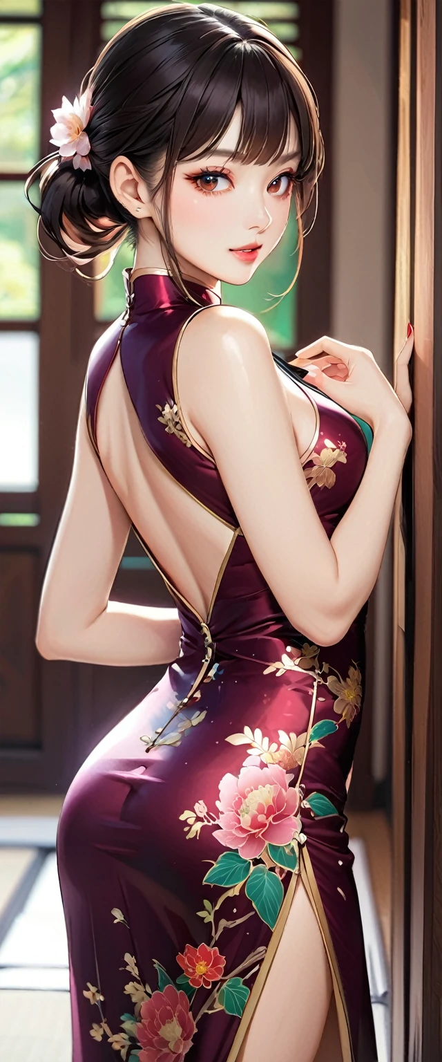 Close up of a woman in a dress posing for a photo, cheongsam, wearing a red cheongsam, traditional Chinese dress, Beautiful seductive anime woman, cute and elegant pose, Cute anime waifu in a fancy dress, fascinating anime girl, sexy dress, chinese style, You Ji Ding(Yu Zhiding), Writer: Shitao, beautiful anime girl