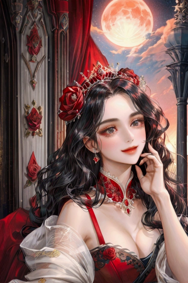 1woman, red gown, smile, black eyes, black long wavy hair, dancing pose, under the moon, detailed face, detailed eyes, detailed hand and body, accurate, masterpiece, best quality, flower bloom, royal palace, red rose royal carriage, red rose flower