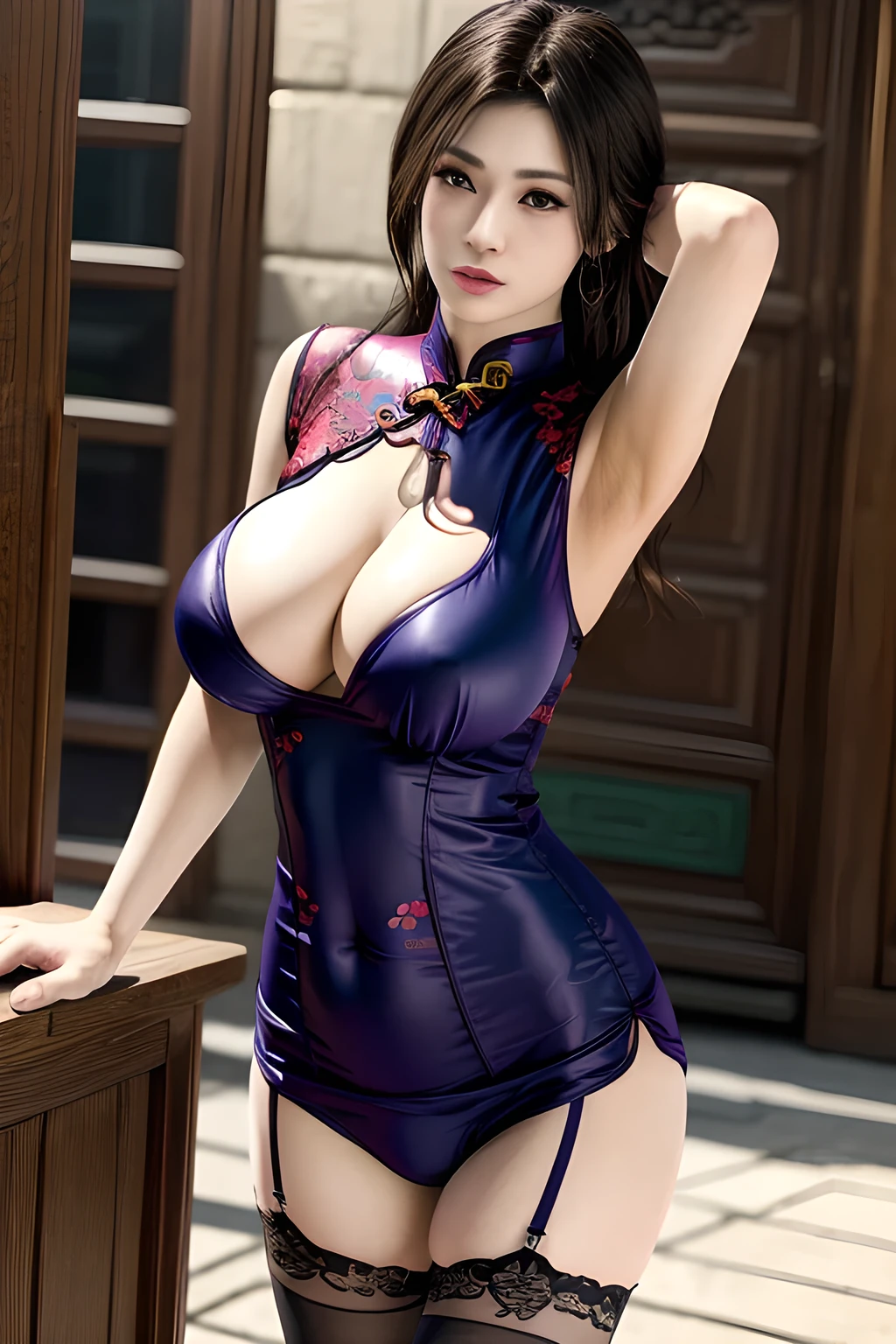 1girl ,( Erotic cheongsam:1.2), garter stockings,, (best quality,8k,highres,masterpiece:1.2),ultra-detailed,(realistic,photorealistic,photo-realistic:1.37),studio lighting,ultra-fine painting,sharp focus,physically-based rendering,extreme detail description,professional,vivid colors,,huge breasts,Sayuri