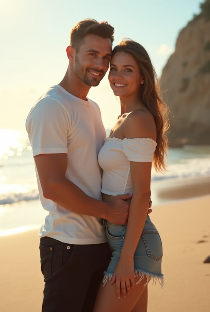 An handsome american boy no beard wearing white tshirt and black pant with his Germany girlfriend on beach 