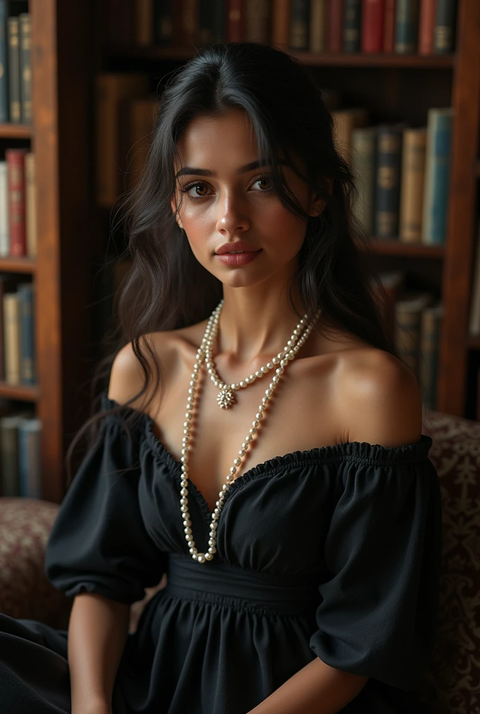 portrait of a Vritika Negi, a 21-year-old Kumaoni Hindu girl wearing a black dress and pearls, sitting in front of a fireplace, library or living room setting with bookshelves and antique furniture, detailed face and eyes, chiaroscuro lighting, warm color tones, photorealistic, 8k, highly detailed