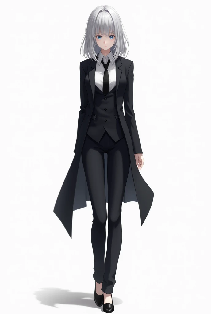 Ideal manhwa female anime character and grey hair and suit outfit and black shoes with white background