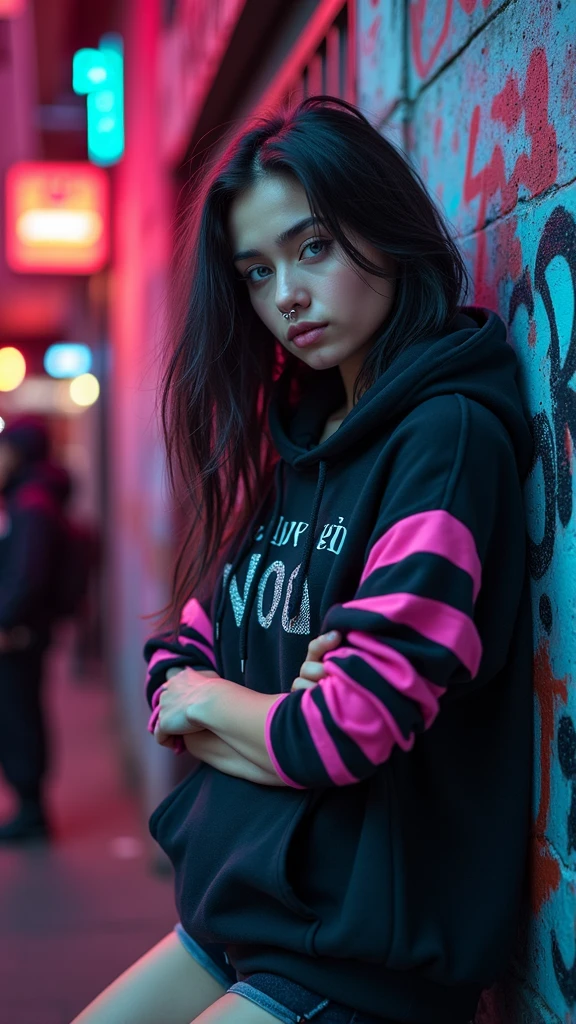 A striking urban portrait of a young woman with very long, neon Pink-black- hair, vibrant light blue eyes, and a nose ring. She wears a fashionable black hoodie with pink and black striped sleeves, exuding confidence and style. Leaning nonchalantly against a graffiti-covered wall, she is surrounded by a vibrant, neon-lit cityscape. The background features a blend of pinks and oranges, hinting at the bustling bar or cafe ambiance. A clever "No Komments" inscription adds a touch of modern wit to this captivating image.