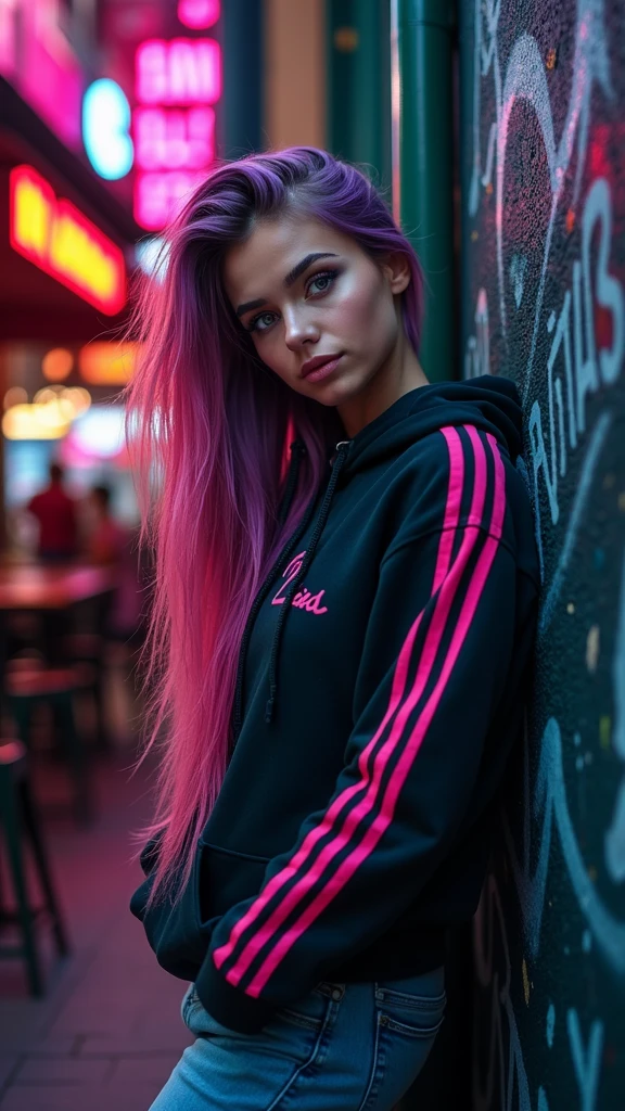 A striking urban portrait of a young woman with very long, neon Pink-black- hair, vibrant light blue eyes, and a nose ring. She wears a fashionable black hoodie with pink and black striped sleeves, exuding confidence and style. Leaning nonchalantly against a graffiti-covered wall, she is surrounded by a vibrant, neon-lit cityscape. The background features a blend of pinks and oranges, hinting at the bustling bar or cafe ambiance. A clever "No Komments" inscription adds a touch of modern wit to this captivating image.