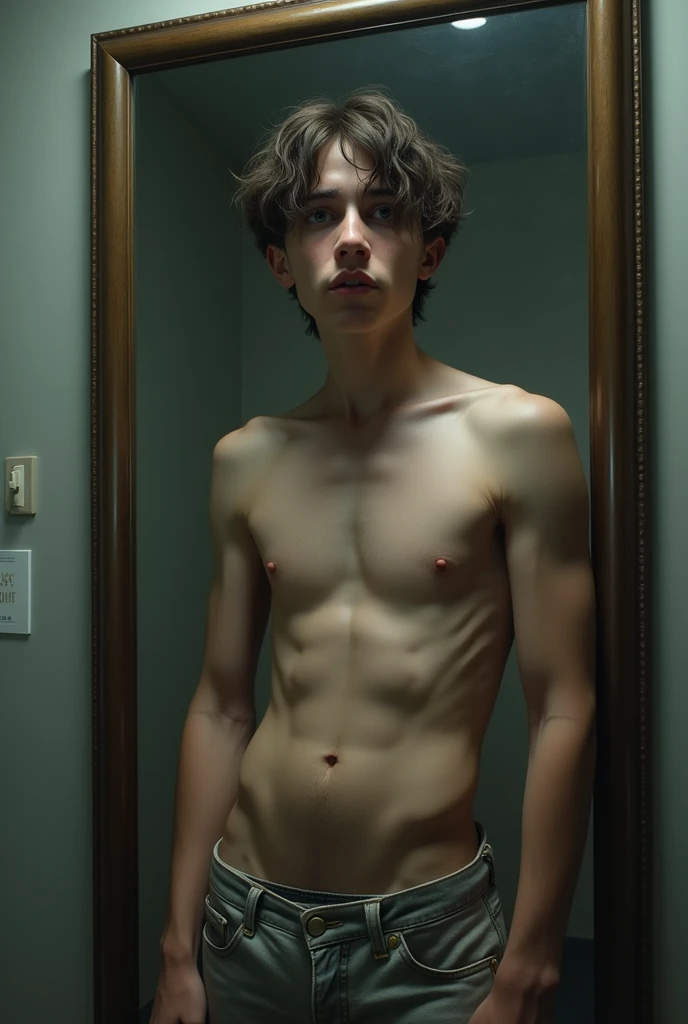 Draw a shirtless boy with short hair and woman's breasts in front of a mirror with a scared face