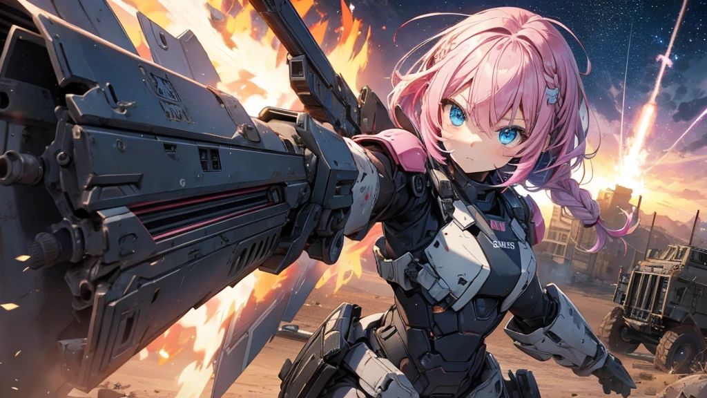 Girl、cute、soldier、Heavy equipment、rifle、gun、Rocket Launcher、Heavily armed、Mecha body、Strengthen the outer frame、Random cool poses、Pink Hair、Bob Hair、Braid、Big eyes、Beautiful blue eyes、Close your mouth、battlefield、Exploding Background、Beautiful depiction、gun弾が飛び交う、Near future、Body Armor、Hair fluttering in the wind、Starry Sky、Impressive、desert、Abandoned building