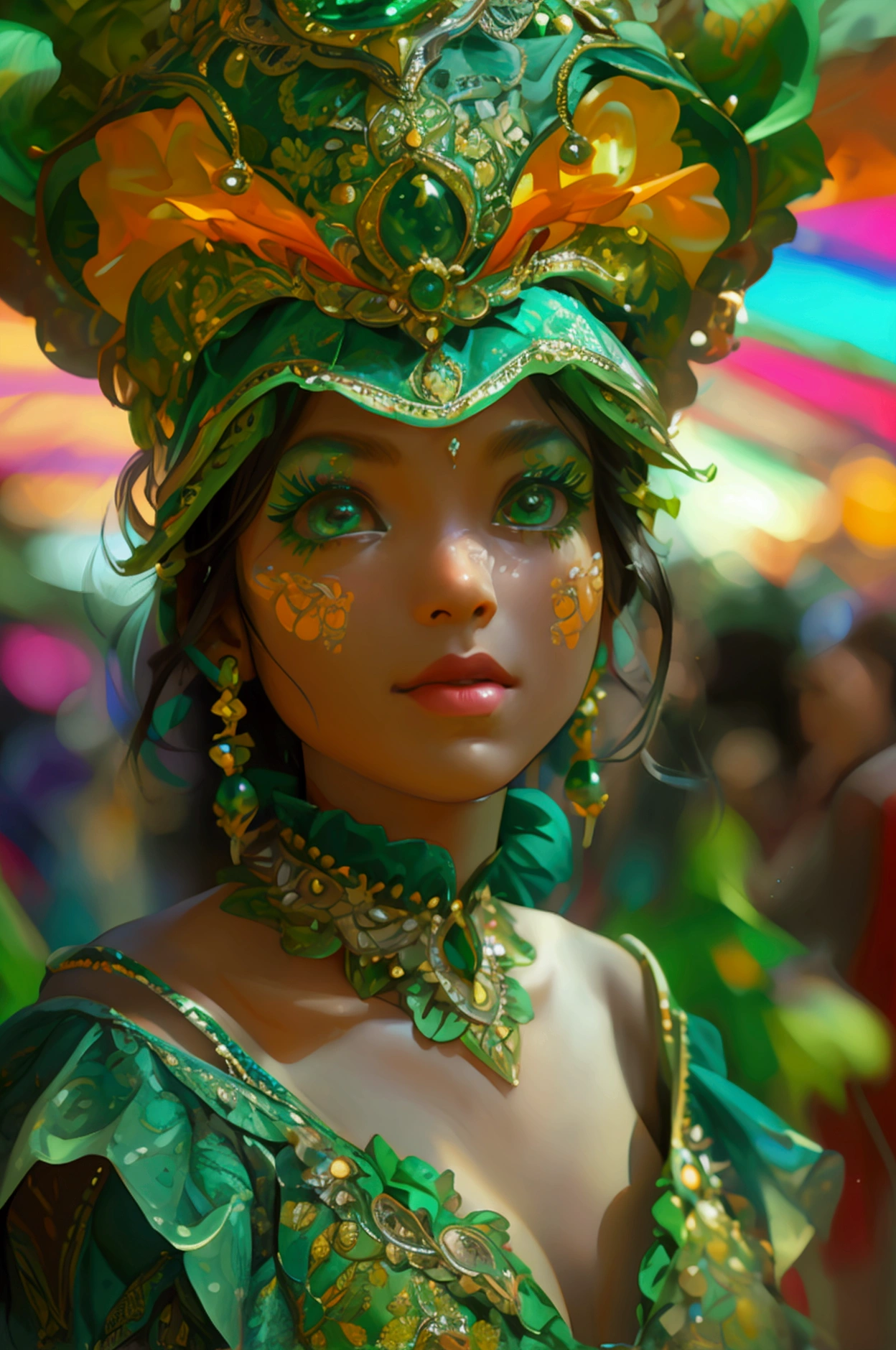 Green Carnival, positive market, green dress , girl giving positive energy