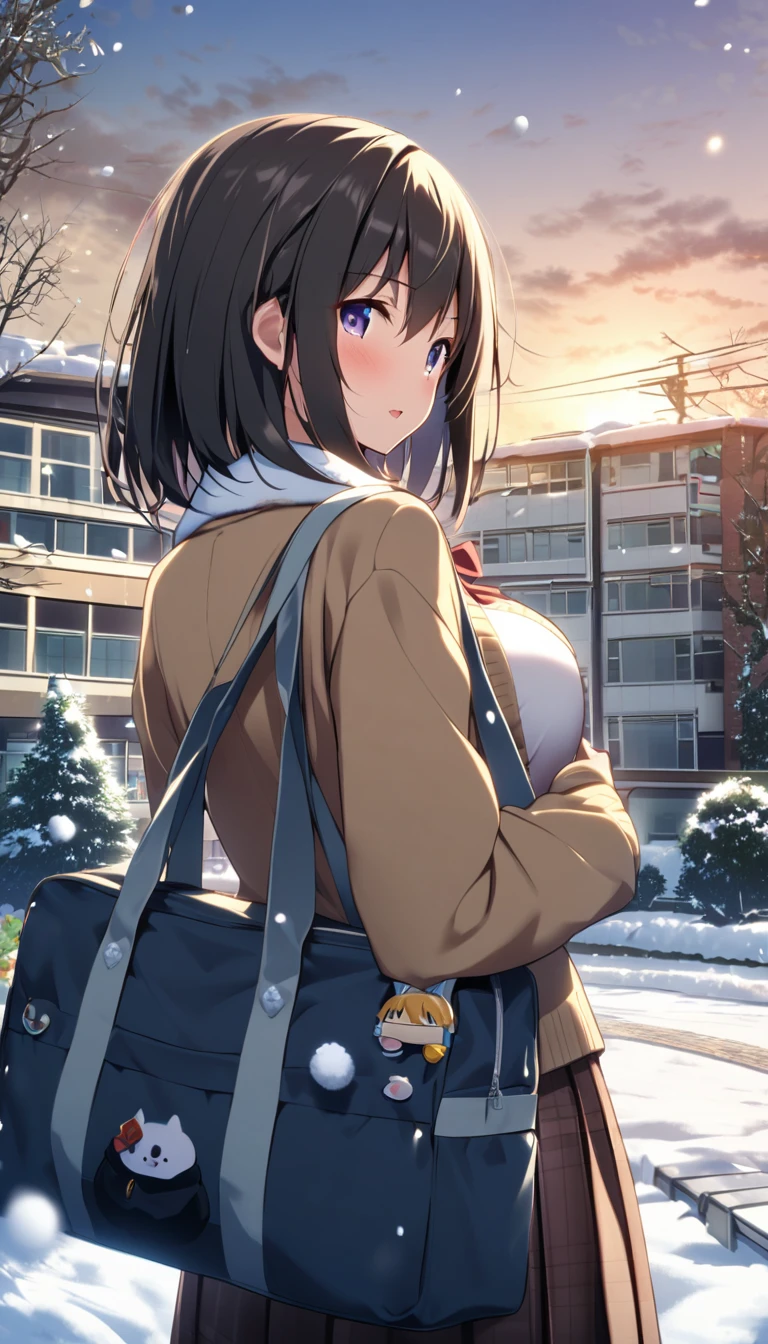 One Woman、beautiful girl、after school、evening、high school girl、School、Back of the school building、winter、Keyaki Tree々、Snow all over、it&#39;s snowing、Snowfall、Blazer Uniform、Pleated skirt、Duffle coat、Scarf、Black knee-high socks、Long Hair、Scarfを着用する、Highest quality、Ultra HD、 Black Pantyhose、Thick thighs、Big Ass、Black Hair、Black panties、Surprised expression