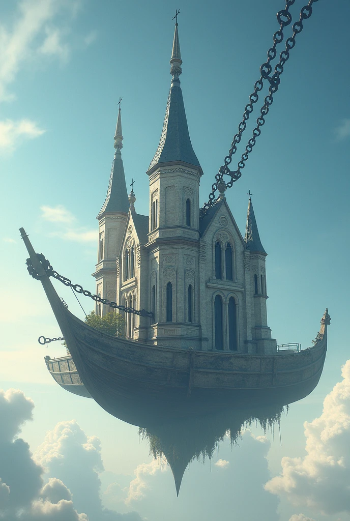 A church building hunging from sky through a ship anchor with chain, HD picture
