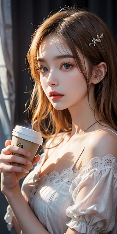 (masterpiece: 1.2, Portraiture, Highest quality), Realistic, (Live Action, Intricate details, Written boundary depth), Highest quality, masterpiece, Attention to detail, semi-Realistic, Drinking coffee in the morning , shy, 21 years old, Short blonde, blue eyes, blonde、 Slim figure、Shoulder Bare、night、Light is streaming in through the curtains, Wearing a nightgown, Drink coffee、Dark Room;1.5