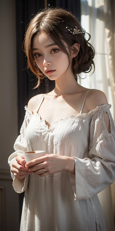 (masterpiece: 1.2, Portraiture, Highest quality), Realistic, (Live Action, Intricate details, Written boundary depth), Highest quality, masterpiece, Attention to detail, semi-Realistic, Drinking coffee in the morning , shy, 21 years old, Short blonde, blue eyes, blonde、 Slim figure、Shoulder Bare、night、Light is streaming in through the curtains, Wearing a nightgown, Drink coffee、Dark Room;1.5