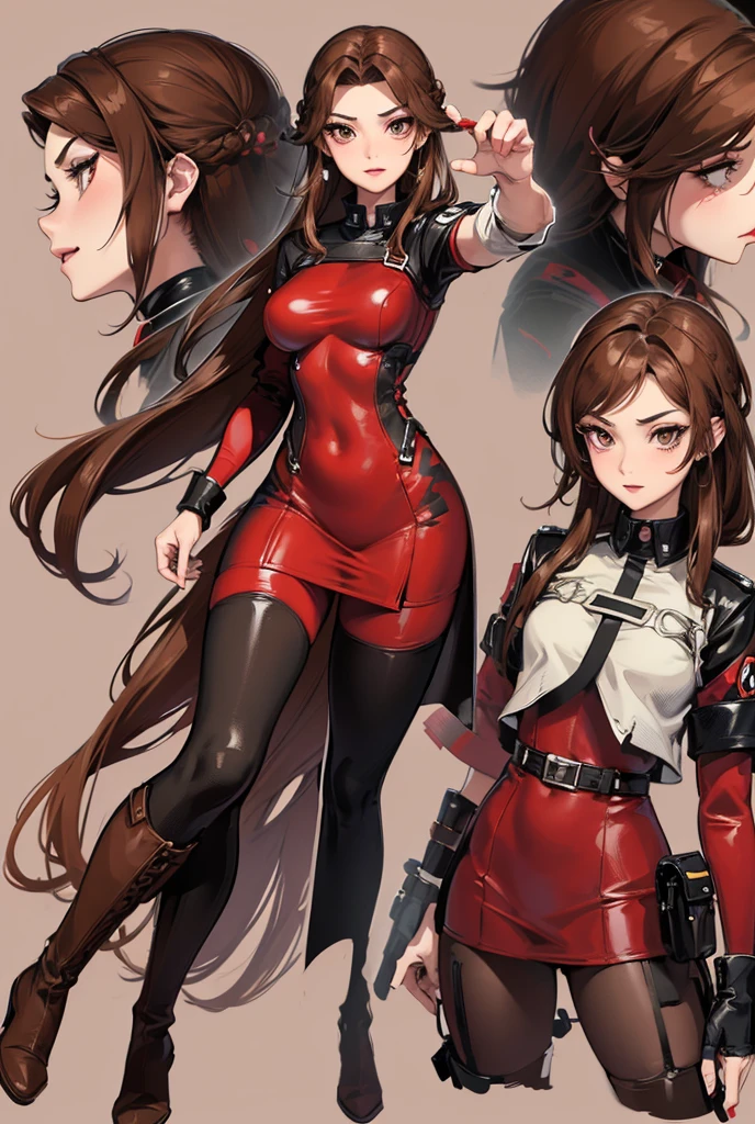 Comic book style. Character reference sheet of a Nazi princess with medium length brown hair, brown eyes, glossy red lips and a skintight gray tight dress with red and black accents and calf high combat boots. A red Nazi swaztika hair pin and armband accessorize her outfit. Sexy pose, Long eyelashes, thin eyebrows, seductive smile. Character Sheet. 