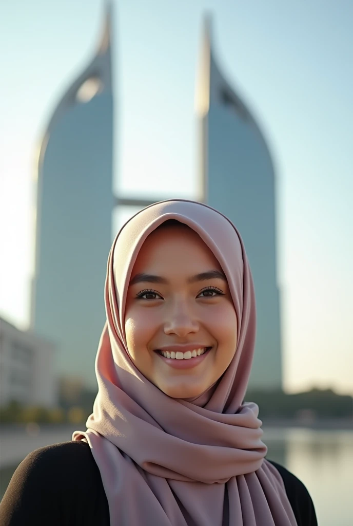 beautiful asian muslim hijabi girl, 20 years old, smiling, instagram photo, posing in front of flame towers in baku, 8k, smiling, wide angle lens, hyper realistic