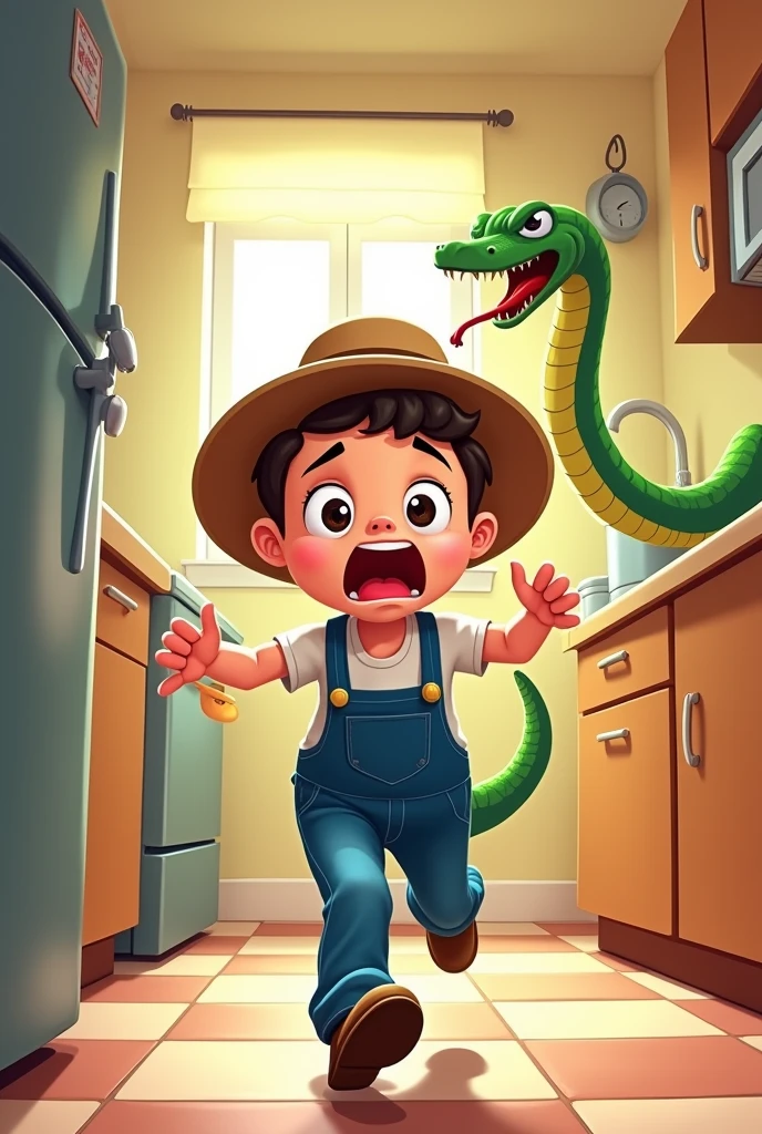 /imagine the farmer quickly run away near snake in kitchen . in cartoon style,-- ar 3.2