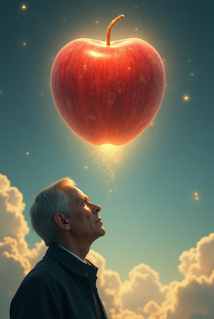 Create an adult looking at an apple in the sky, this apple is full of glory, a Goddess apple.