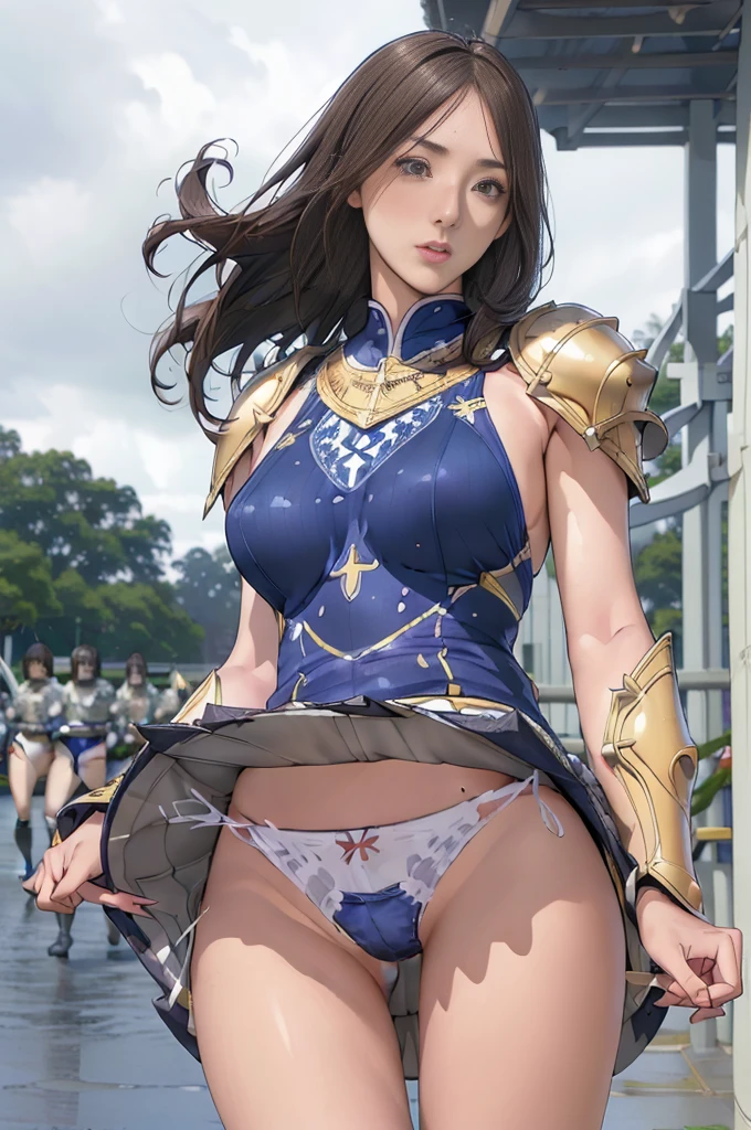 Very beautiful woman、Slender women、(Detailed face)、Realistic Skin、((Holy Knight)), ((Gold and navy platinum armor))、((((Extremely detailed and intricately decorated armor:1.1))))、((Delicate photo)),(Girl Astepeace RAW Photo Details:1.25), (Highest quality:1.6), (Ultra-high resolution:1.5), (Realistic:1.75), 8k resolution, Canon EOS R5, 50mm, Absurd, Very detailed,Cinema Lighting,((Fightfield))、((Fight))、(((White lace ultra-small mini skirt)))、Polka dot panties,High leg panties:1.2,Thigh-high socks、Shingard、((Light brown hair)), {Floating Hair} ,Long Hair, Cape、(((Has a huge weapon)))、(In combat)、The wind is blowing、((Symmetrical armor))、(((Lead a large group of knights:1.2)))、banner、(((Battle Scenes)))、((Browsing Caution:1.2))、(((I can see her panties:1.4)))、、((The hem of a skirt fluttering in the wind:1.4)),In a park with a fountain:1.9,skirt lift,