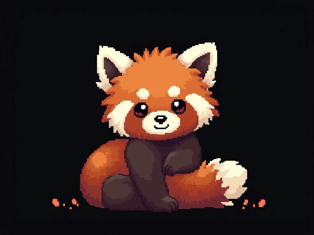 Pixel art, 16-bit style, 256x256, limited color palette, cute, small, red panda, far away, sitting pose, looking directly at the viewer, playful expression, fluffy tail curled around its body, big ears, dark brown eyes, black nose, solid black background. (Generate a 16-bit style pixel art image of a cute, small red panda sitting in a playful pose. The red panda should be far away, giving the impression of being in the distance. It should be looking directly at the viewer with a playful expression. Its fluffy tail should be curled around its body. The red panda should have big ears, dark brown eyes, and a black nose. The image should be 256x256 pixels and use a limited color palette. The background should be completely solid black.)