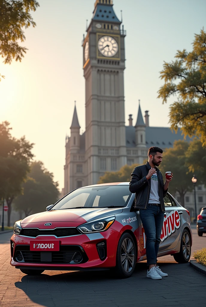 Hyperrealism image 9:16 In the background there is a building with a very large clock that shows 10 o&#39;clock in the morning., In front of the building a car parked on the sidewalk, The view of the car is from the left side, the car brand Kia model Rio, It has an advertisement from the front door to the back with the word indrive, on the front outside of the car, Right in the fender area the driver is leaning on his back drinking a coffee 