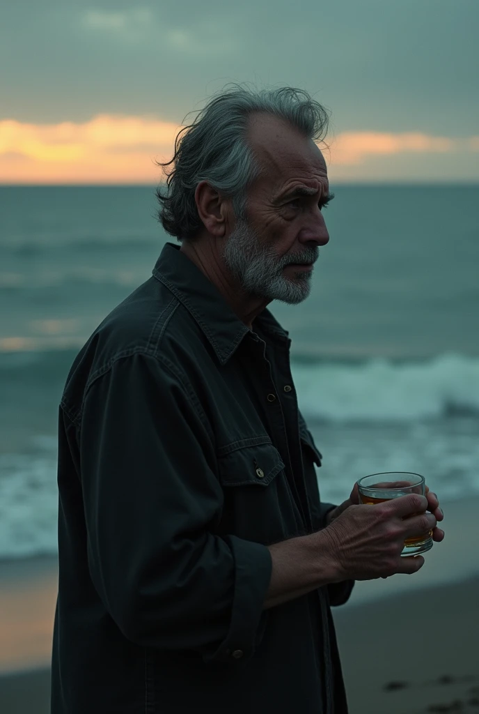 A man drinking alcohol, crying, feeling sad, standing alone by the sea.