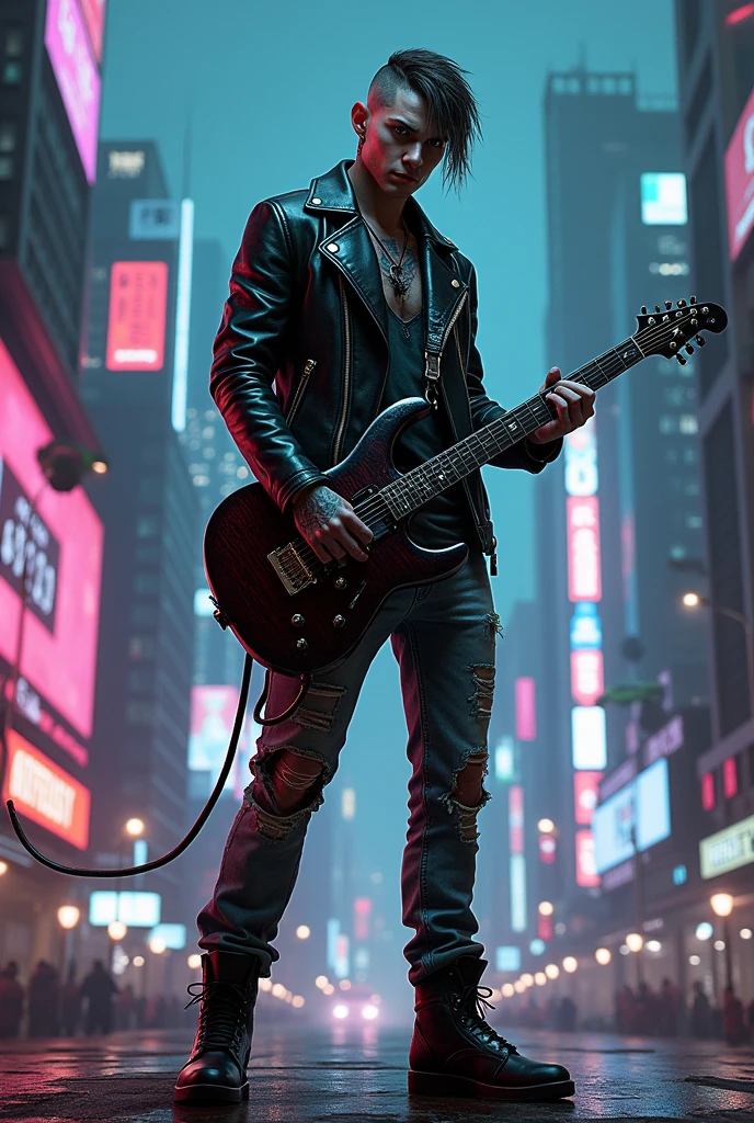 Cyberpunk heavy metal realism against a neon background