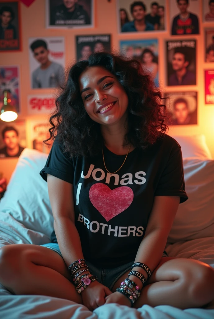 26 year old Hispanic curvy woman sitting on a bed in a room with bunches of posters on the wall of Jonas brothers an album cover by nick jonas , featured on tumblr, pop art, in her room, sitting happy in her room, fan girl teenage bedroom, in my bedroom, teenager hangout spot, posing in a bedroom, while posing in the same bed, 9 0 s bedroom, an 80's bedroom, she is wearing a t-shirt that says I love Jonas brothers, focus on posters in the wall. She has a los of bracelets with letters that says Jonas brothers