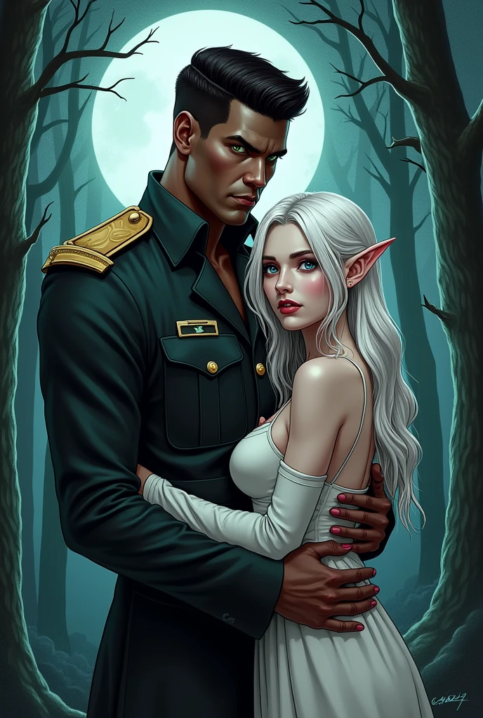 An illustration style drawing of a couple, The man is tall, has dark skin, military style hair, green eyes and a smirk holding the woman's waist, the woman is shorter than him, very white and with completely white hair, she has pointy ears and purple eyes, she smiles with vampire fangs with her arms wrapped around his neck. The setting is a forest with a full moon.