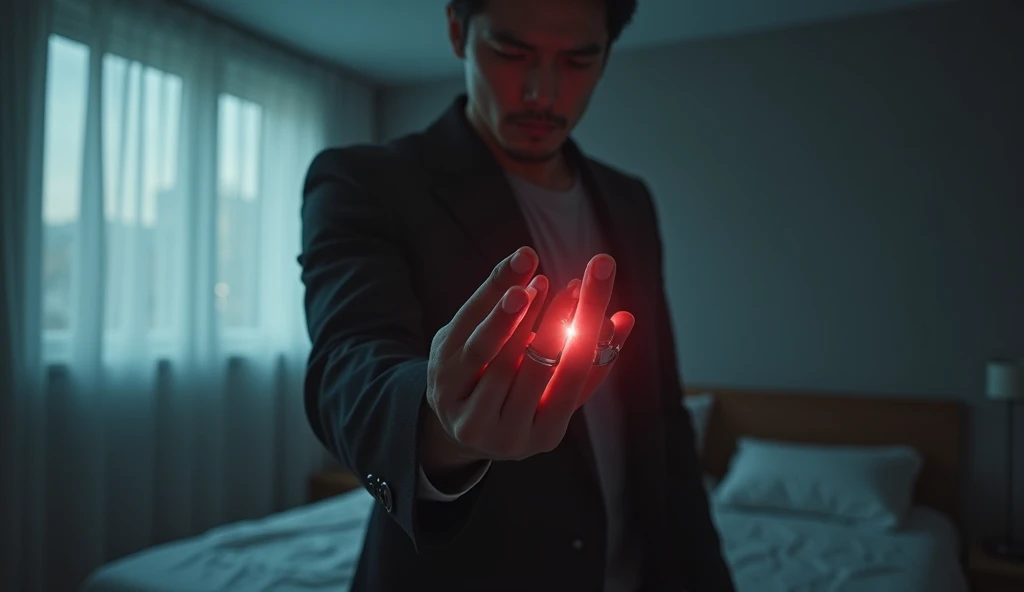 In a sleek, minimalist bedroom, a stylish Asian man in his thirties stands at the foot of his bed, a look of bewilderment etched on his face. His left ring finger, its first knuckle a disturbing shade of blue, is the focus of his attention. On the third knuckle of the same finger, a sleek, two-centimeter-wide white ring pulses with an eerie red glow.