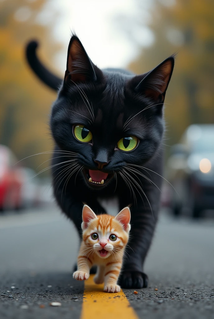 sleek, black cat with green eyes and a sly expression, suddenly darts into the road, bumping into the baby cat. The baby cat is startled, looking up at the mischievous cat, who is playfully calling out to the kitten with a mischievous grin.