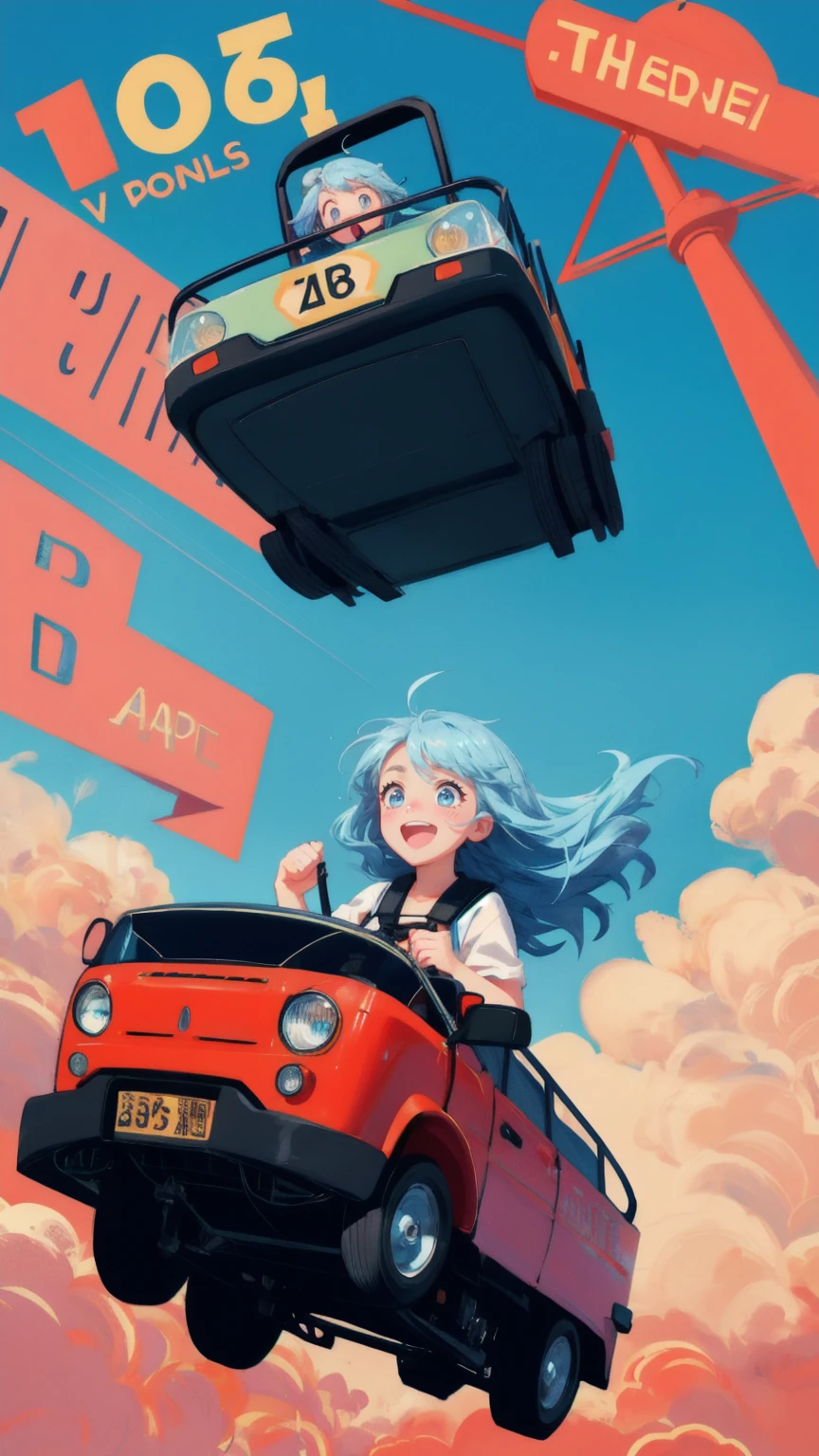 Generate an image of a roller coaster plummeting through a clear blue sky, with the lead character replaced by a cute girl who looks both terrified and thrilled. Her wide eyes and open mouth capture the shock of the sudden drop. The roller coaster cars are decorated with oversized dollar signs, representing the volatility of the financial world. The passengers in the other cars show a range of emotions, from fear to exhilaration, as they experience the intense ride, with the background emphasizing speed and motion.