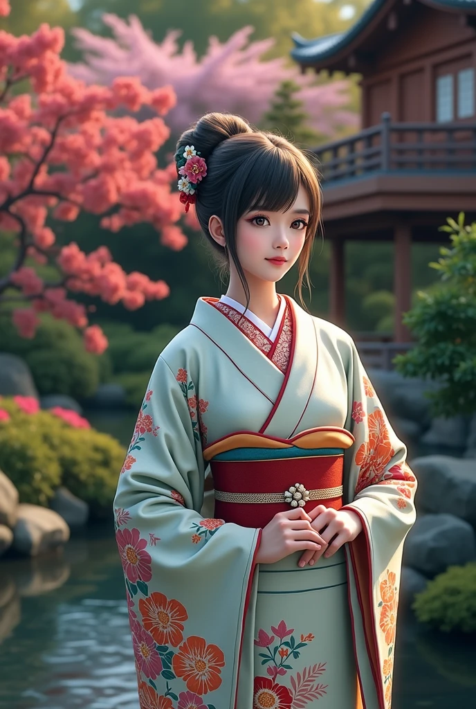 (masterpiece、Highest quality、8k、High resolution)、Traditional Japanese beauty in kimono、Floral pattern on white background、Vibrant colors、Japanese garden、There is a pond、Colorful flowers、Vibrant colors、Cherry Blossom、There is a drum bridge、A complete portrayal、Detailed anime art、