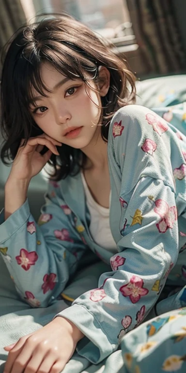 Lying on the bed face down、Cute looking at you, 22 years old, Realistic, She wears a short, She is wearing floral pajamas, short hair.Shoulder Bare、Chest visible from the front