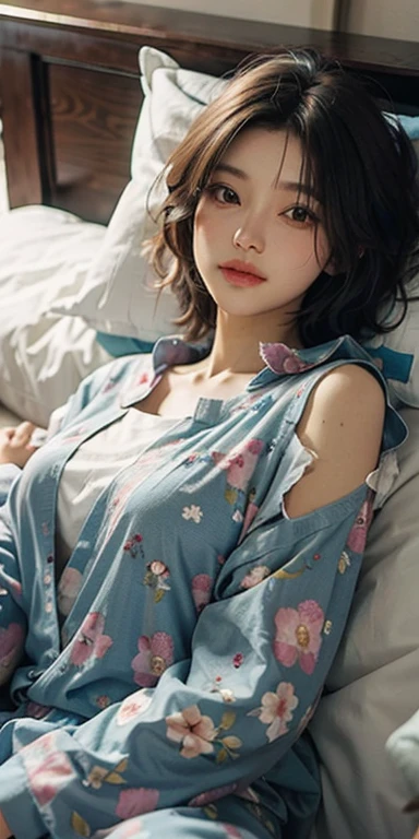 Lying on the bed face down、Cute looking at you, 22 years old, Realistic, She wears a short, She is wearing floral pajamas, short hair.Shoulder Bare、Chest visible from the front
