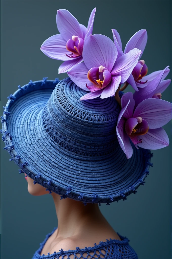 Make blue purple orchid flower inspired weaving hat design using orchid flowers sepal on the hat