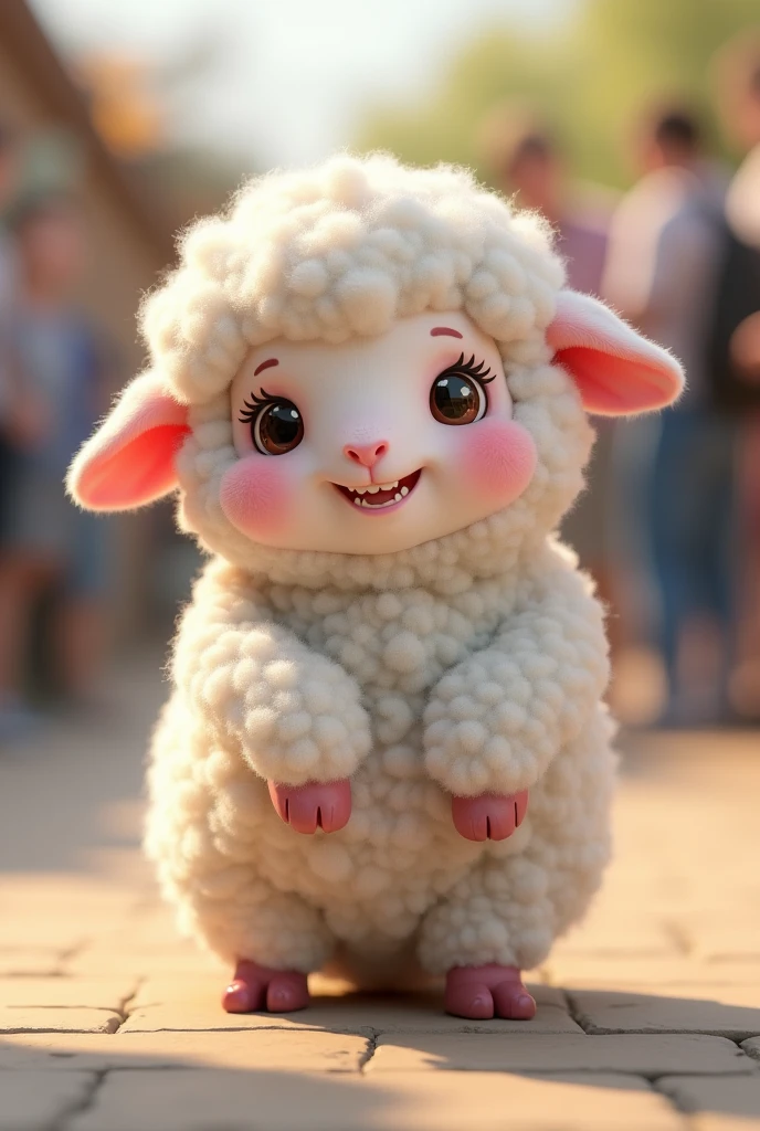 Fascinating, 美味しくふわふわな子羊の高品質3D Rendering, Exudes cuteness and charm. With a round and plump body、It is softly covered, Vibrant fur and gentle, Small teeth peek out from a slightly open mouth. Its big, Expressive round eyes sparkle, and、Those rosy cheeks are charming. Standing upright, Place your hands gently at your sides, She exudes a charming and friendly aura.. The calm grey background、Highlights vibrant colors and textures, Creating visually striking and conceptually unique work., photograph, Conceptual Art, 3D Rendering、（The background is a zoo、crowd、Daytime、sun）
