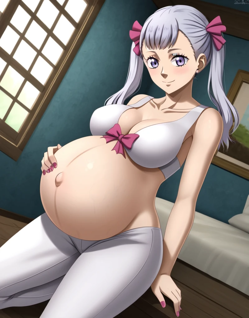 noelle_blackclover, Noelle Silva, Black Clover, long silver hair, waist-length hair, half-up half-down hairstyle, ribbon, side-parted bangs, almond-shaped blue eyes, high-quality, ultra-detailed, beast quality, 8K resolution,
looking at viewer, dutch angle, cowboy shot, smile, pregnant belly, large belly, big belly, big Breasts, belly button,
1girl,solo, indoors, happy, Smiling, rub belly,
full body, Nail polish,