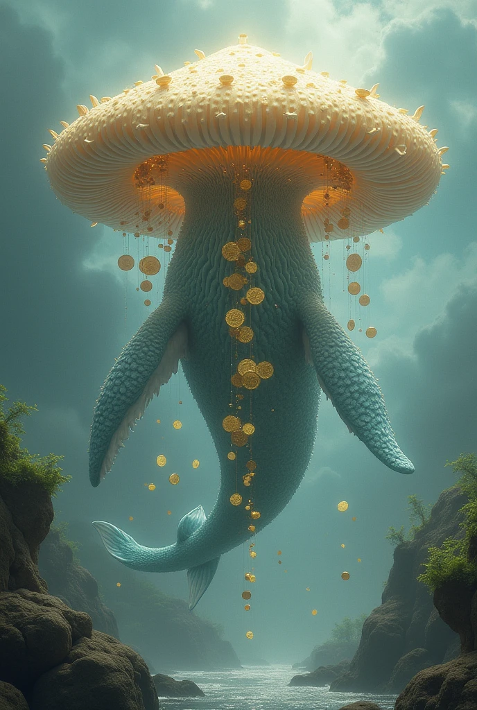 Drawing of a mushroom whale with money