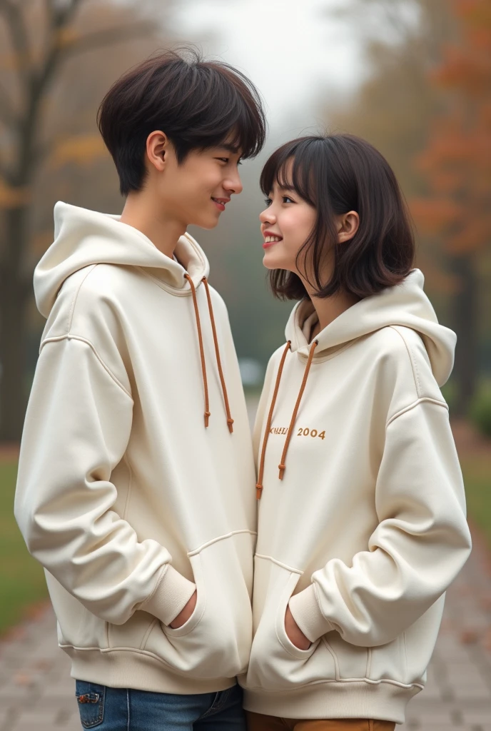 Adult Cute boy who wears 2004 white hoodie and cute adult girl who wears 2006 white hoodie