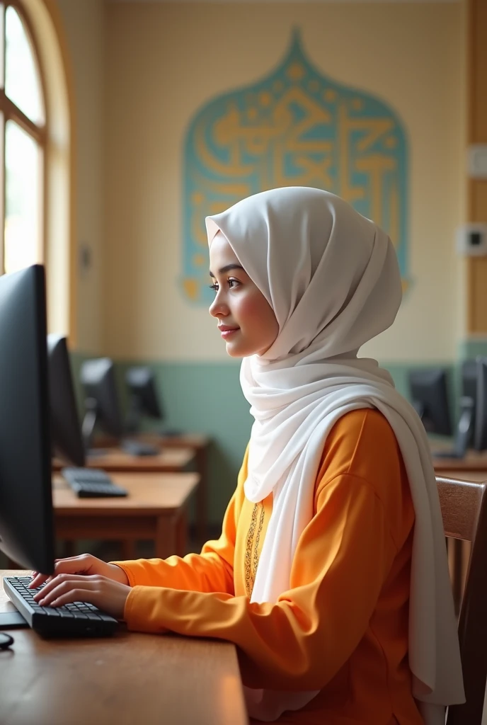 Create a image of computer lab there girl in orange kurta white salwar and white hijab are sitting practicing with pc and I want environment of image like islamic school