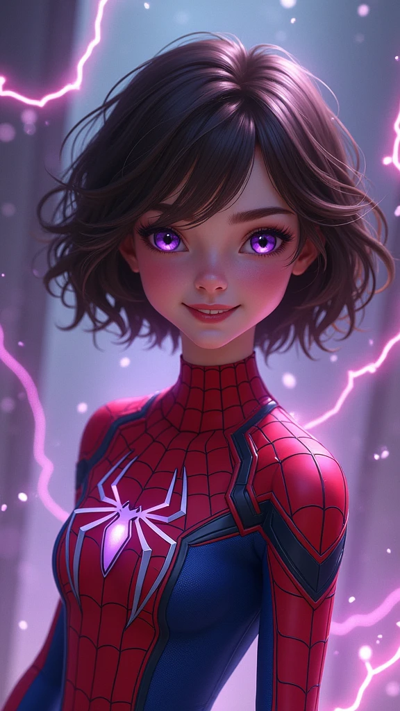 Young girl, short brown hair, purple eyes, Spider-Man 2099 shape, smile, cobweb, lightning, masterpiece, high quality