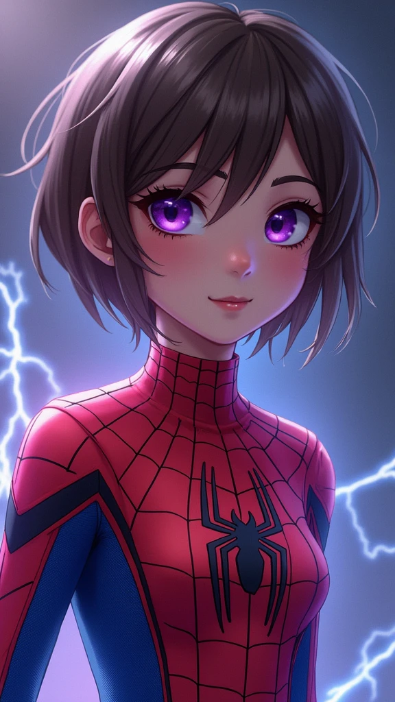 Young girl, short brown hair, purple eyes, Spider-Man 2099 shape, smile, cobweb, lightning, masterpiece, high quality